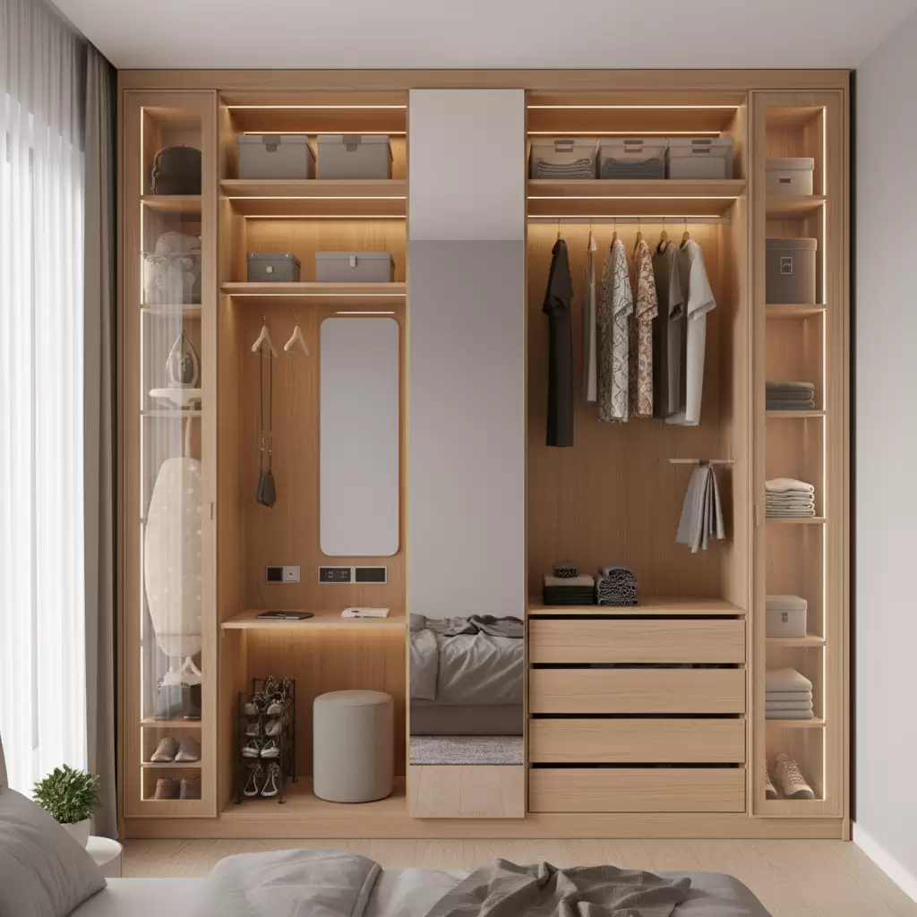 gemini_image_1768378705 Hệ tủ kịch trần giúp tận dụng tối đa không gian lưu trữ theo chiều dọc một cách tinh tế