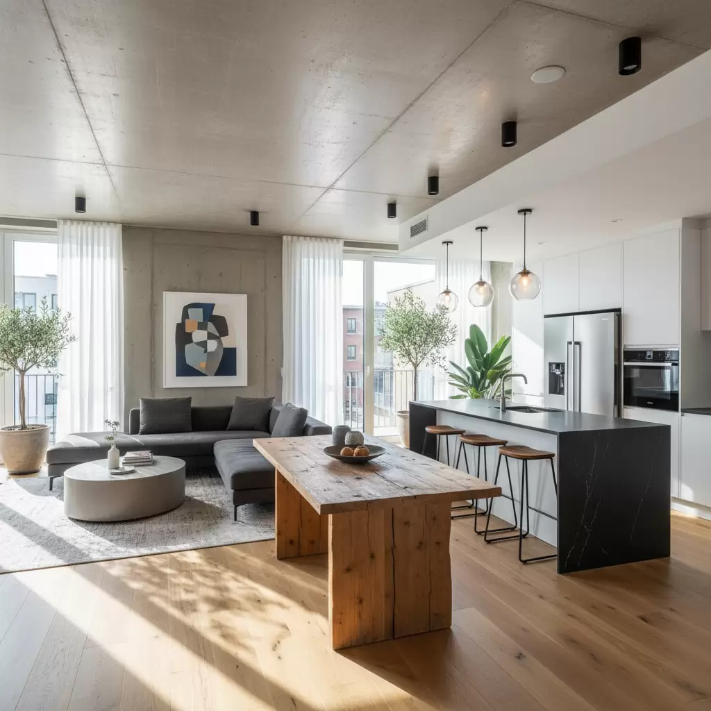 gemini_image_1768379001 Thiết kế phòng khách liền bếp mang lại không gian sống hiện đại và rộng rãi