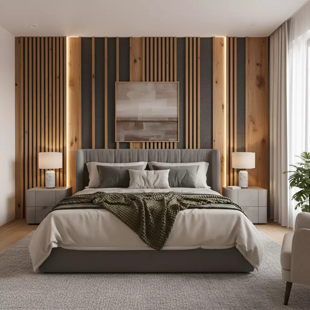 gemini_image_1768379312 Sử dụng tấm ốp tiêu âm thẩm mỹ giúp không gian phòng ngủ thêm phần đẳng cấp
