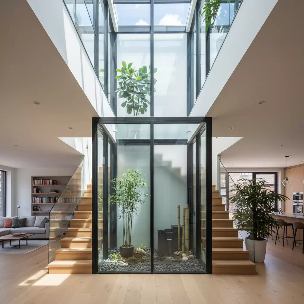 gemini_image_1768379733 Thiết kế giếng trời mang lại không gian sống tràn ngập ánh sáng và sự thông thoáng cho nhà phố