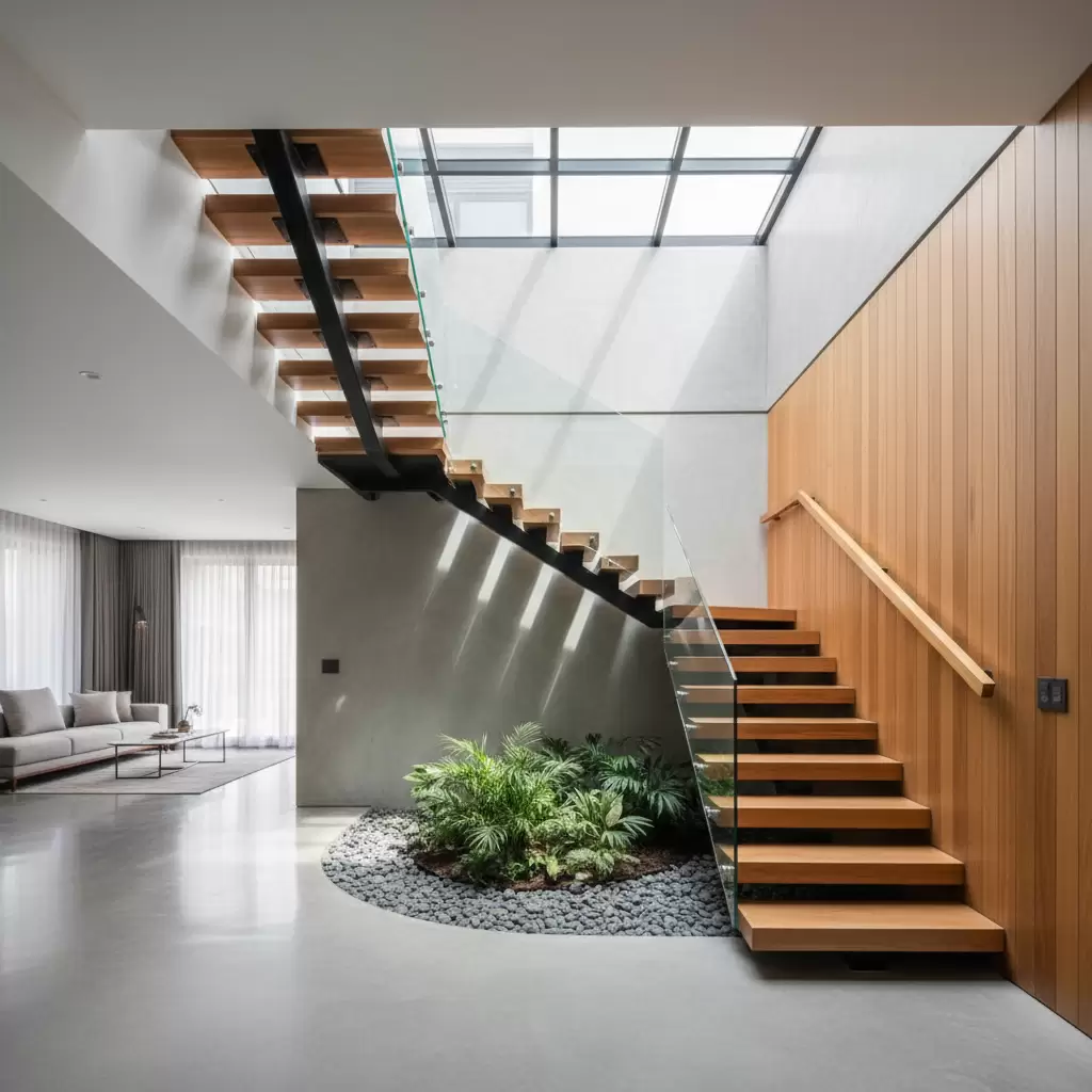 gemini_image_1768379734 Vị trí cầu thang là khu vực lý tưởng để đặt giếng trời nhằm phân bổ ánh sáng đều cho các tầng