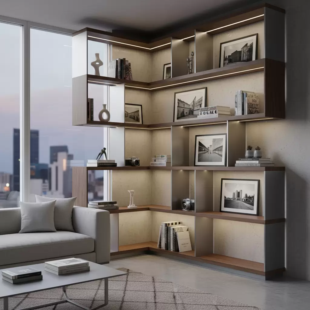 gemini_image_1768380122 Tận dụng góc tường để lắp đặt kệ gỗ trang trí giúp tăng không gian lưu trữ