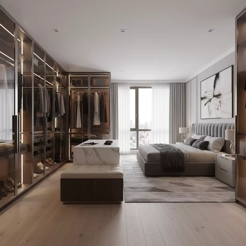 gemini_image_1768380798 Mẫu thiết kế phòng thay đồ sang trọng tích hợp tinh tế trong không gian phòng ngủ 20m2