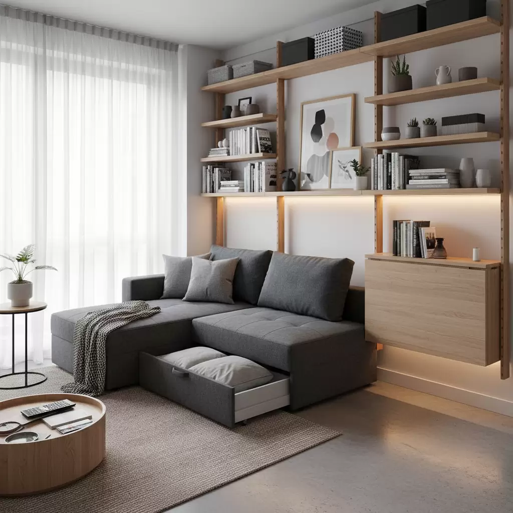 gemini_image_1768381183-1 Sử dụng nội thất đa năng và kệ tường để tận dụng tối đa diện tích sàn