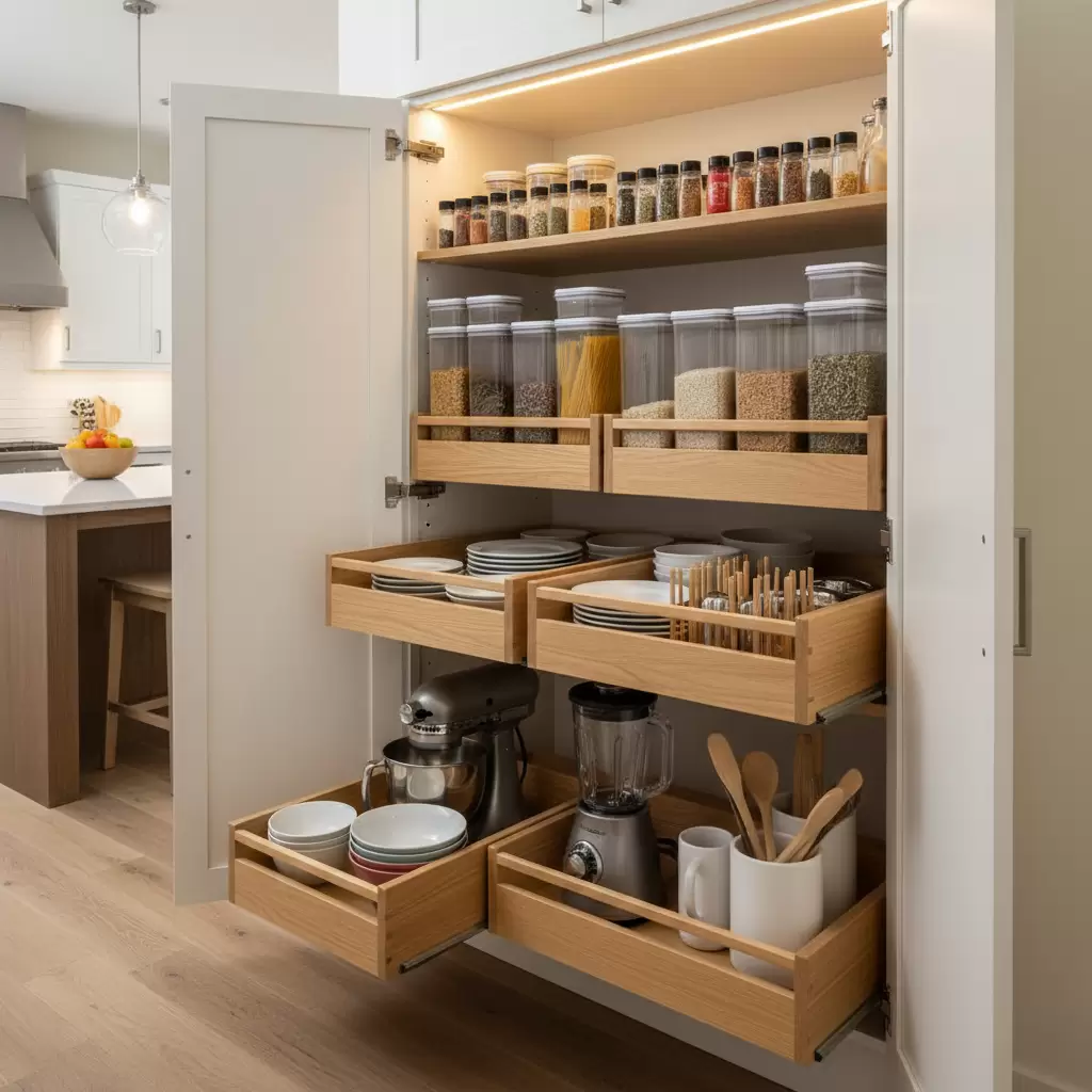 gemini_image_1768381183 Hệ thống tủ bếp được phân loại khoa học giúp việc tìm kiếm đồ dùng trở nên dễ dàng