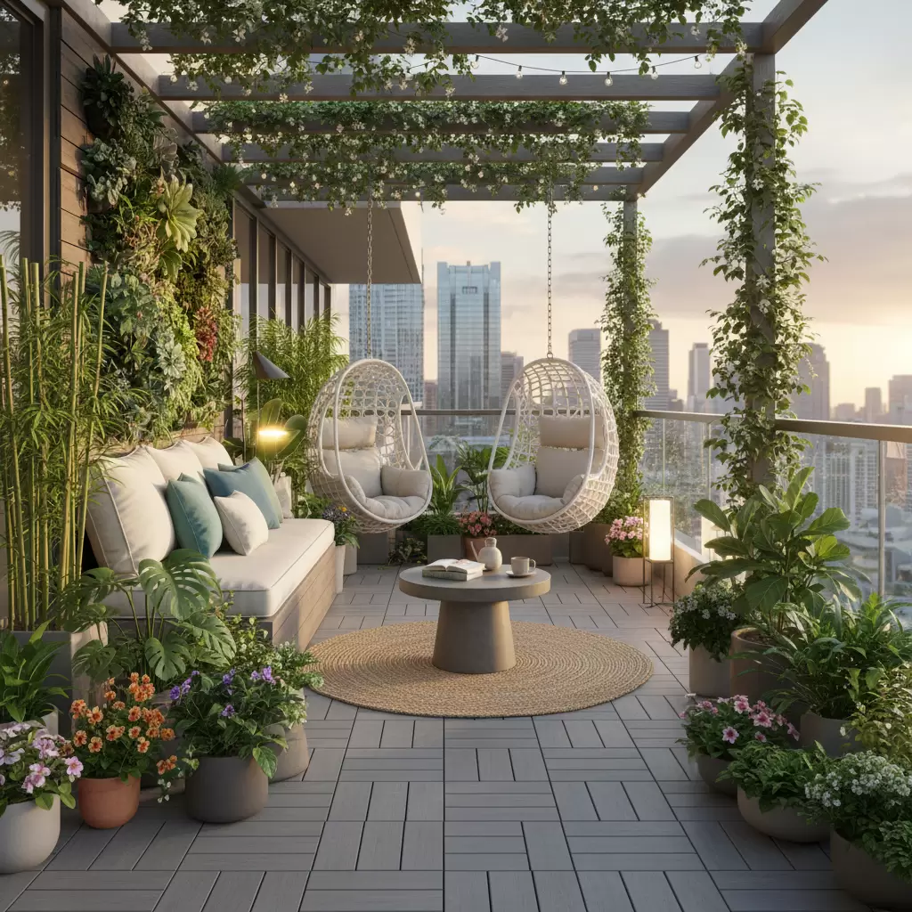 Ban công được biến đổi thành không gian thư giãn lý tưởng và xanh mát