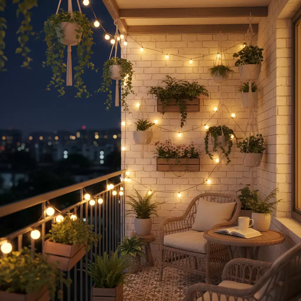 Ánh sáng và cây xanh tạo nên bầu không khí ấm cúng cho ban công