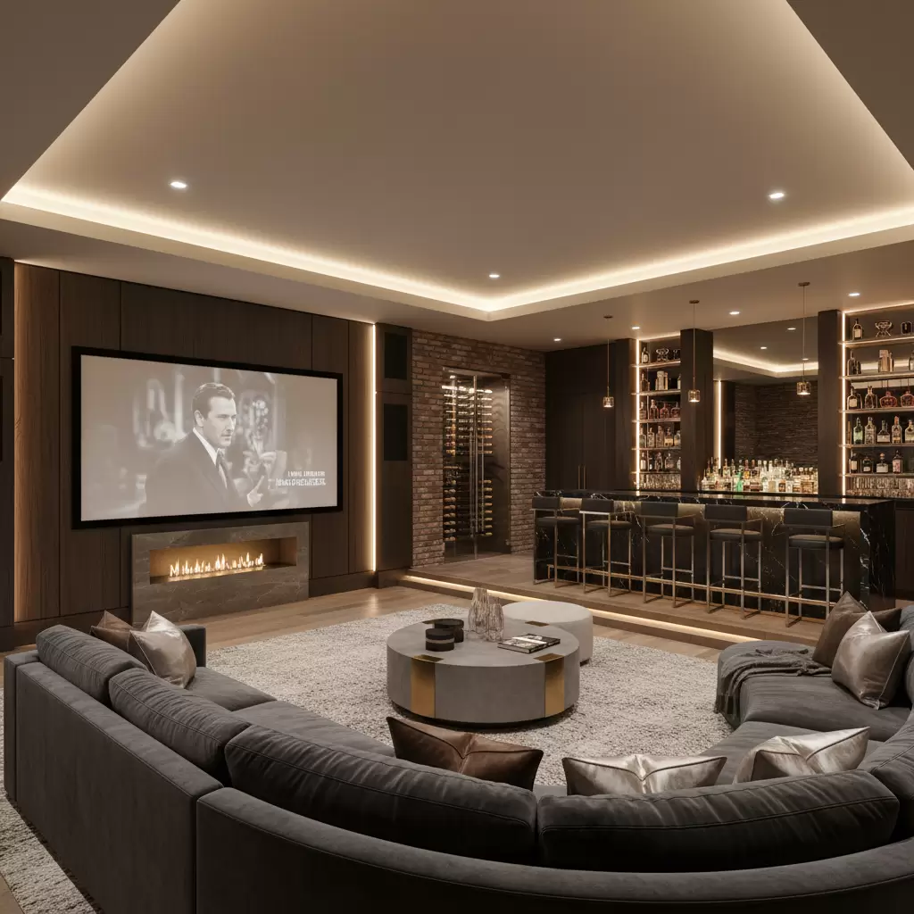 gemini_image_1768382330 Không gian giải trí dưới tầng hầm sang trọng với đầy đủ tiện nghi hiện đại