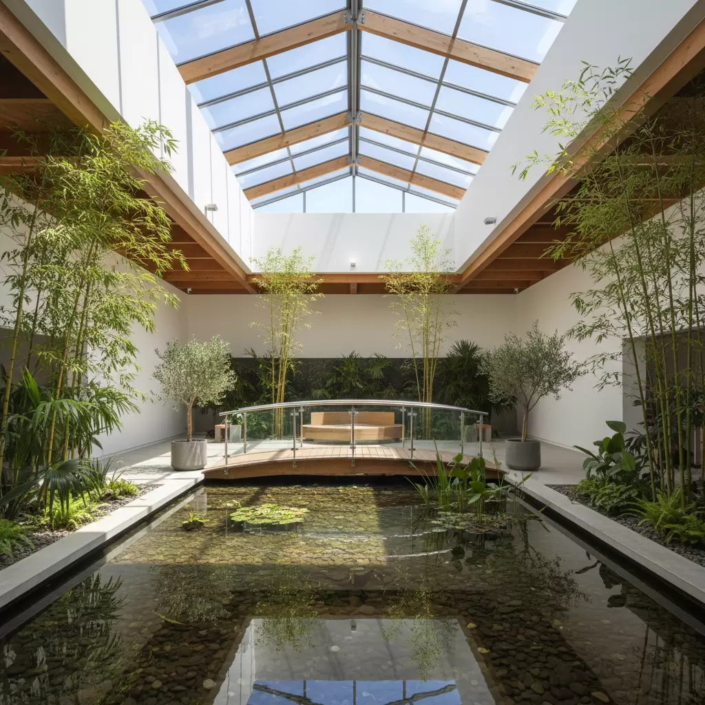 gemini_image_1768382637-1 Sự kết hợp giữa giếng trời cây xanh và mặt nước giúp làm mát không gian nội thất