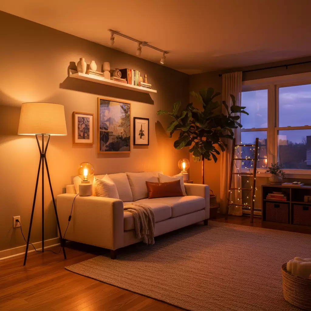 Sự phối hợp đa dạng các nguồn sáng giúp phòng khách trở nên gắn kết và ấm áp