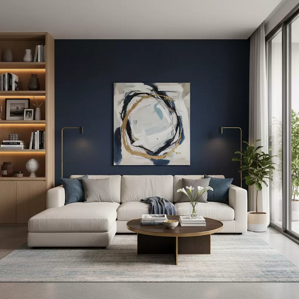 gemini_image_1768384797-1 Tạo chiều sâu cho không gian bằng cách sử dụng một bức tường màu đậm tương phản