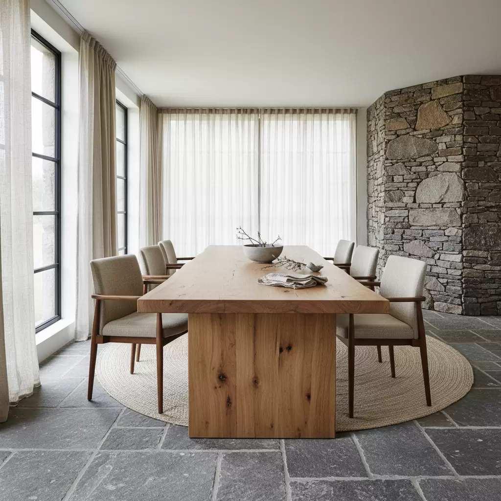 Sự kết hợp giữa các vật liệu thô mộc như gỗ và đá tạo nên chiều sâu và sự ấm áp cho không gian