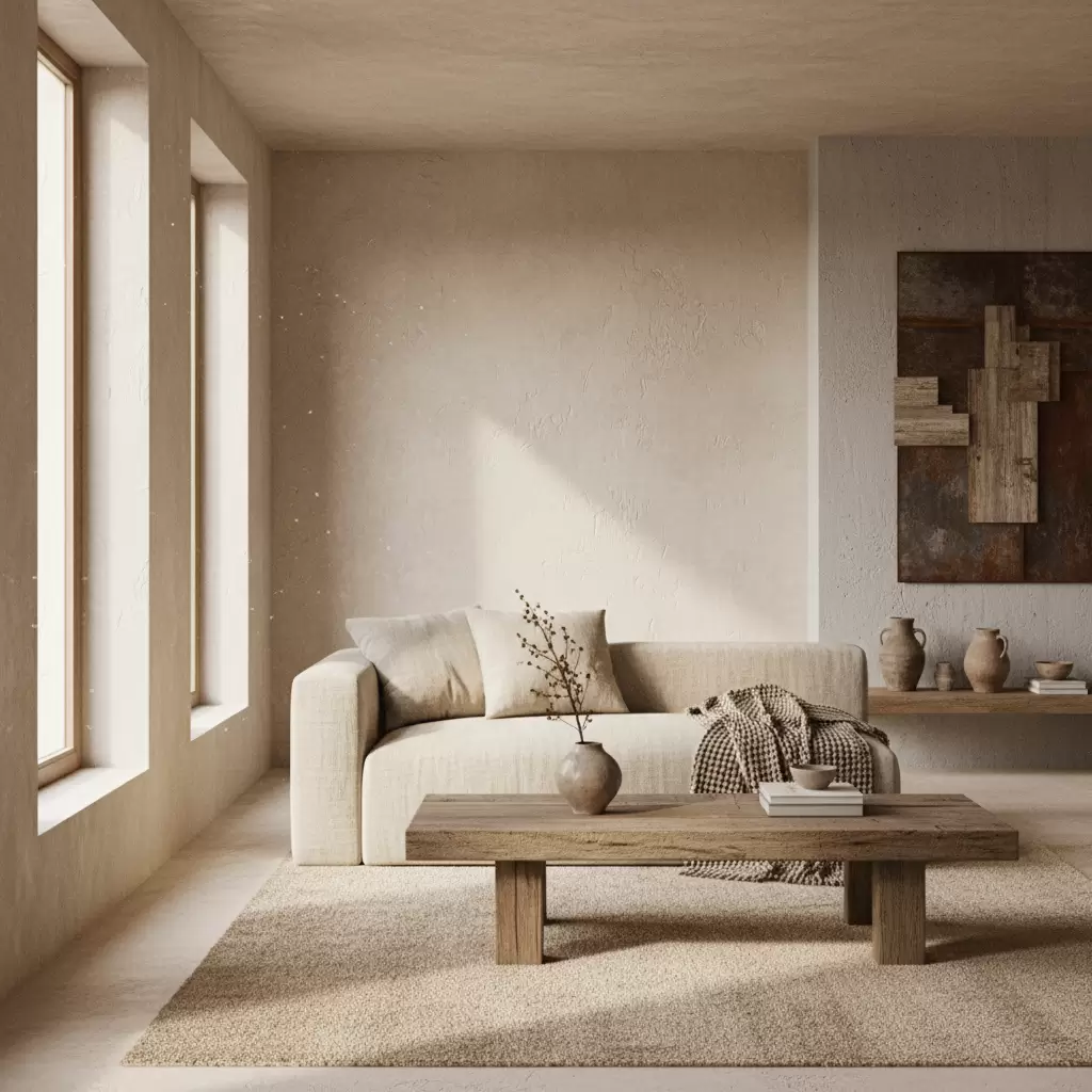 Không gian nội thất hiện đại mang đậm tinh thần Wabi Sabi với vẻ đẹp mộc mạc và tĩnh lặng