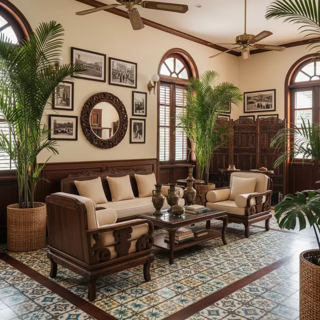 gemini_image_1768385451 Không gian phòng khách Indochine mang vẻ đẹp hoài cổ và sang trọng