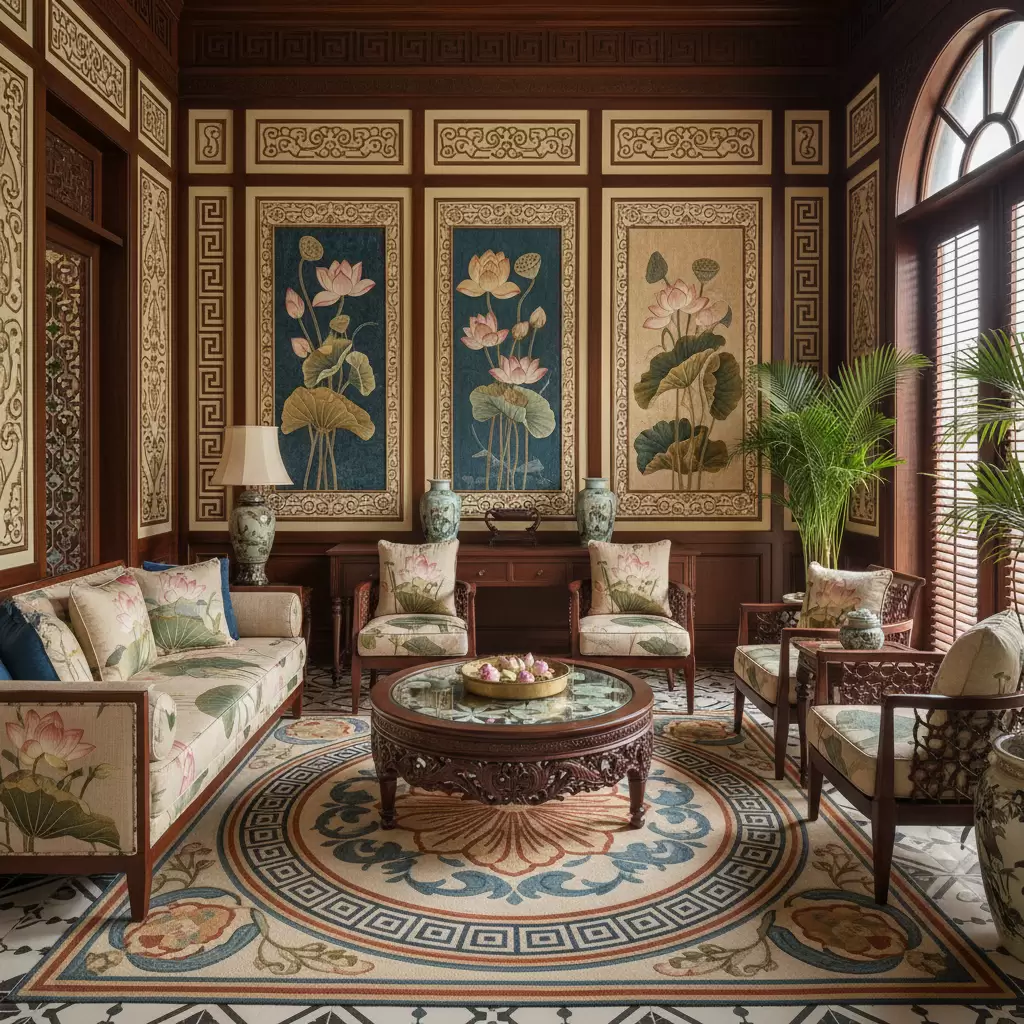gemini_image_1768385452 Họa tiết truyền thống Việt Nam tạo nên linh hồn cho phong cách Indochine