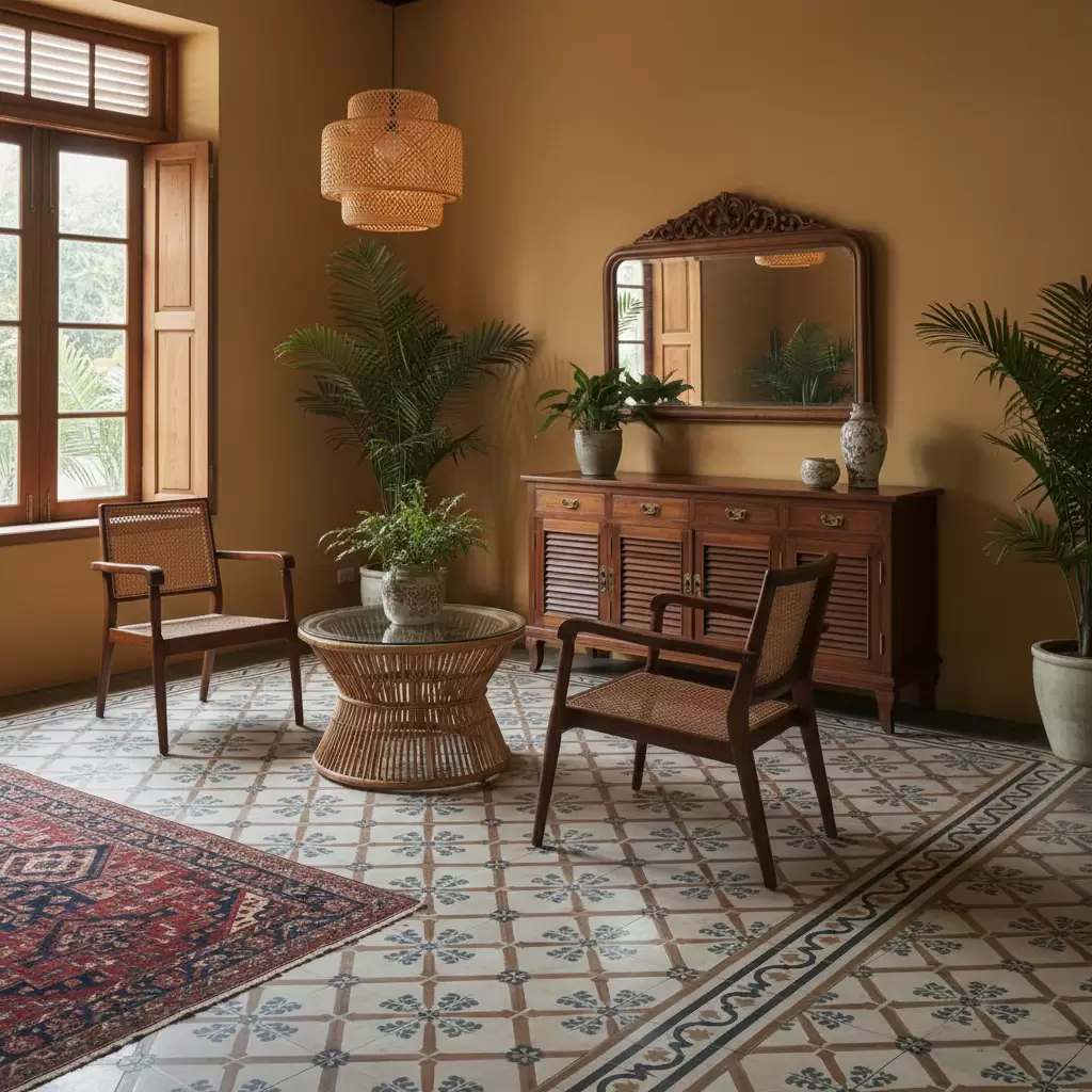 gemini_image_1768385453 Sự kết hợp hài hòa giữa các chất liệu tự nhiên trong không gian Đông Dương