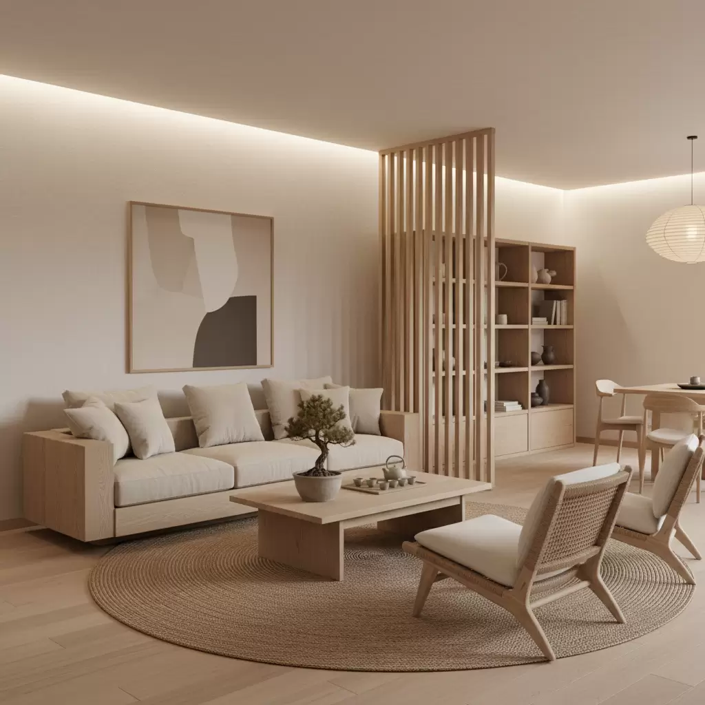 gemini_image_1768386599 Không gian phòng khách được thiết kế theo phong cách Japandi mang vẻ đẹp thanh lịch và bình yên