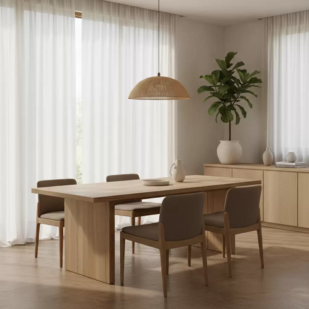 gemini_image_1768386600 Ánh sáng tự nhiên và mảng xanh được bố trí tinh tế trong phòng ăn phong cách Japandi