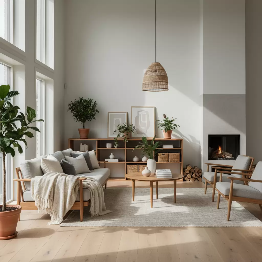 gemini_image_1768388447 Không gian phòng khách mang đậm đặc trưng của thiết kế nội thất phong cách Bắc Âu với vẻ đẹp tinh tế