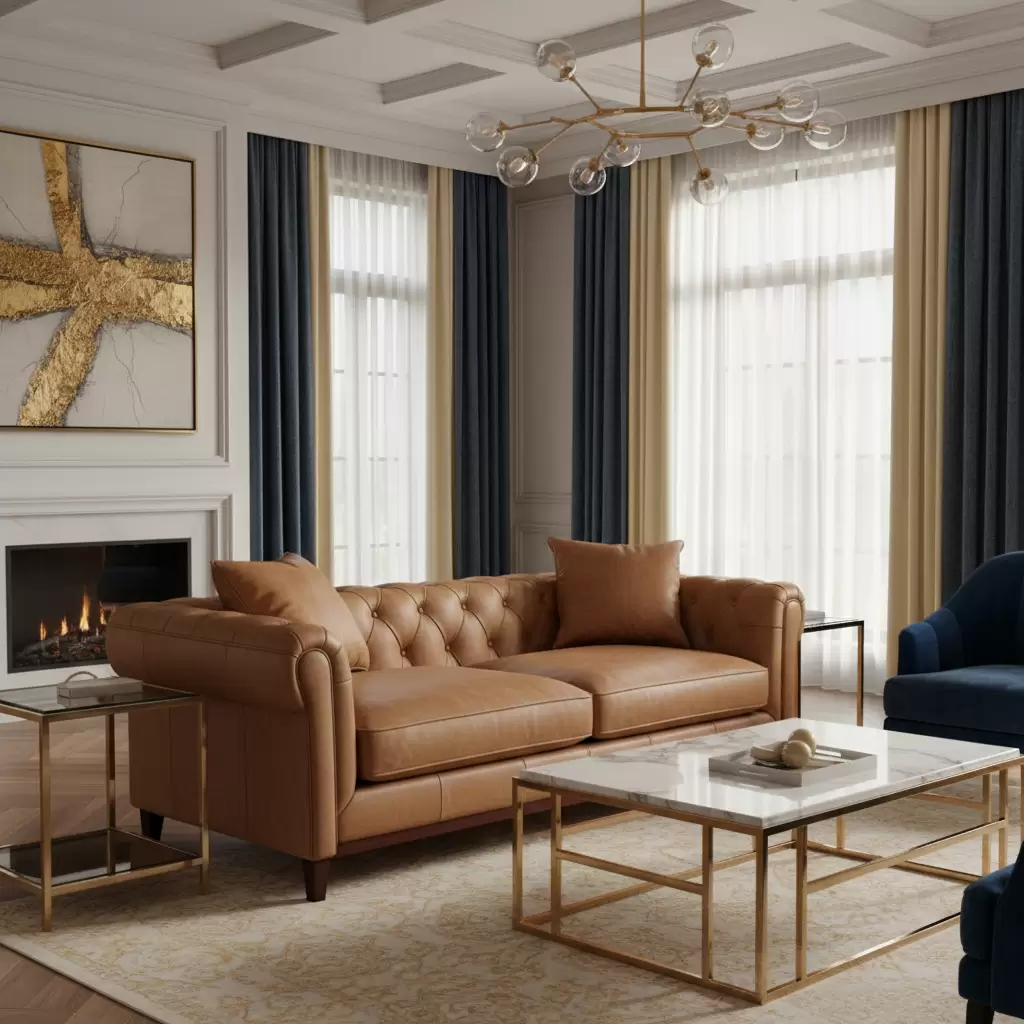 gemini_image_1768388941 Sự kết hợp hoàn hảo giữa sofa da và kim loại mạ vàng tạo điểm nhấn đẳng cấp