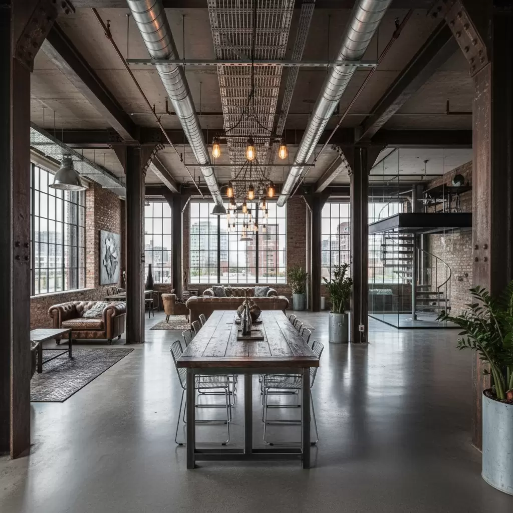 gemini_image_1768389947 Vật liệu kim loại đóng vai trò chủ đạo trong việc định hình phong cách nội thất Industrial