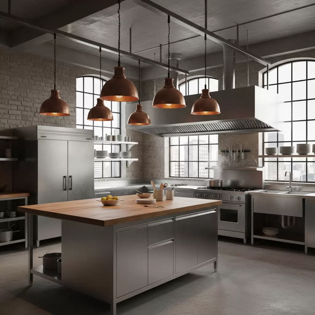 gemini_image_1768389948-1 Sự kết hợp giữa nhôm xước và đồng tạo nên vẻ đẹp tinh tế cho không gian bếp