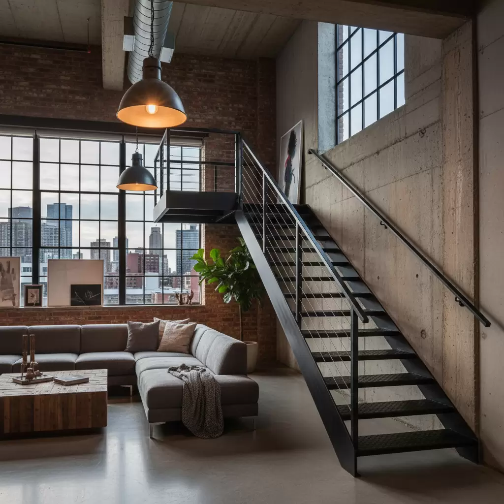 gemini_image_1768389948 Cầu thang thép đen không chỉ bền bỉ mà còn là điểm nhấn kiến trúc mạnh mẽ
