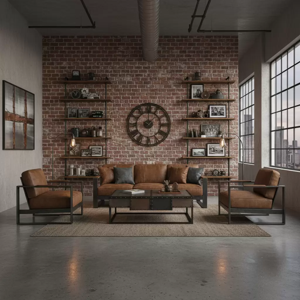 gemini_image_1768389949 Sự giao thoa giữa kim loại gỗ và gạch trần tạo nên không gian sống đầy cảm hứng