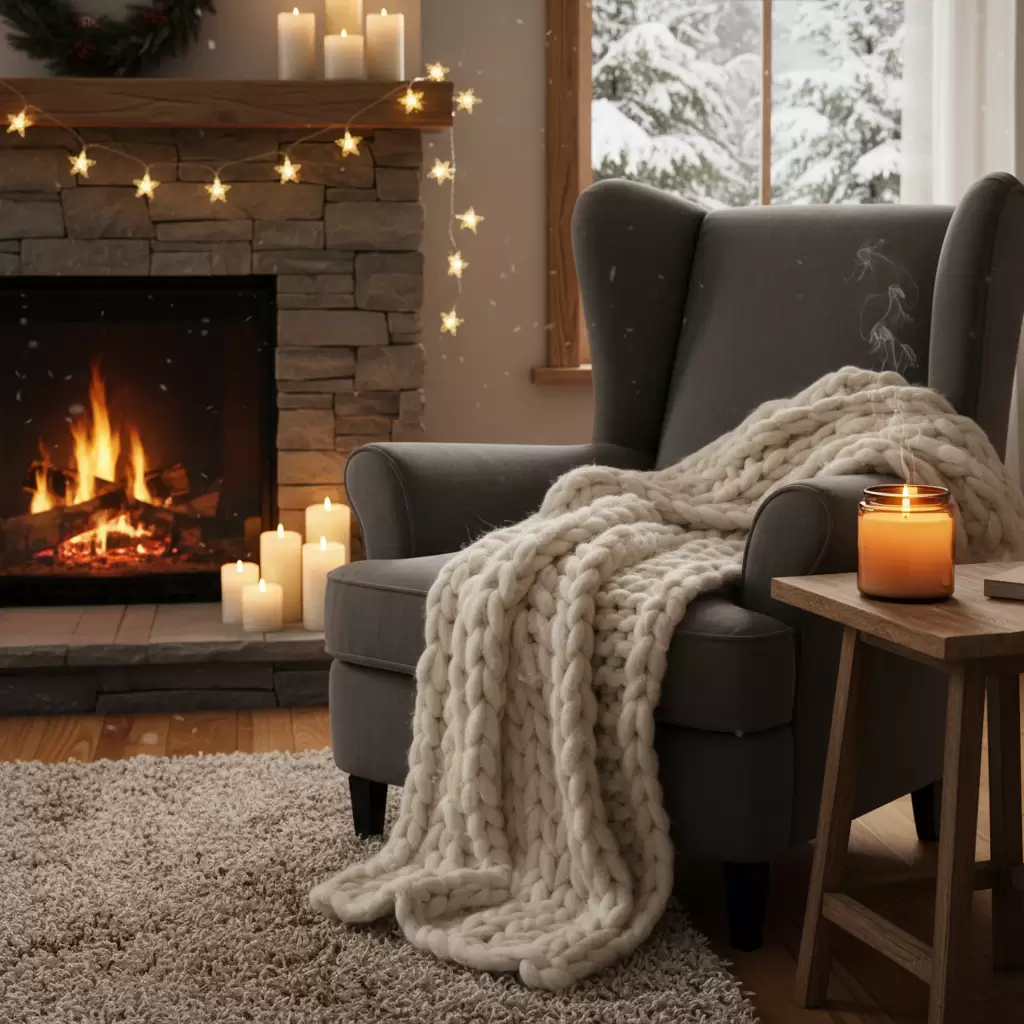 Phụ kiện len và ánh sáng vàng tạo nên không gian ấm cúng cho mùa Đông