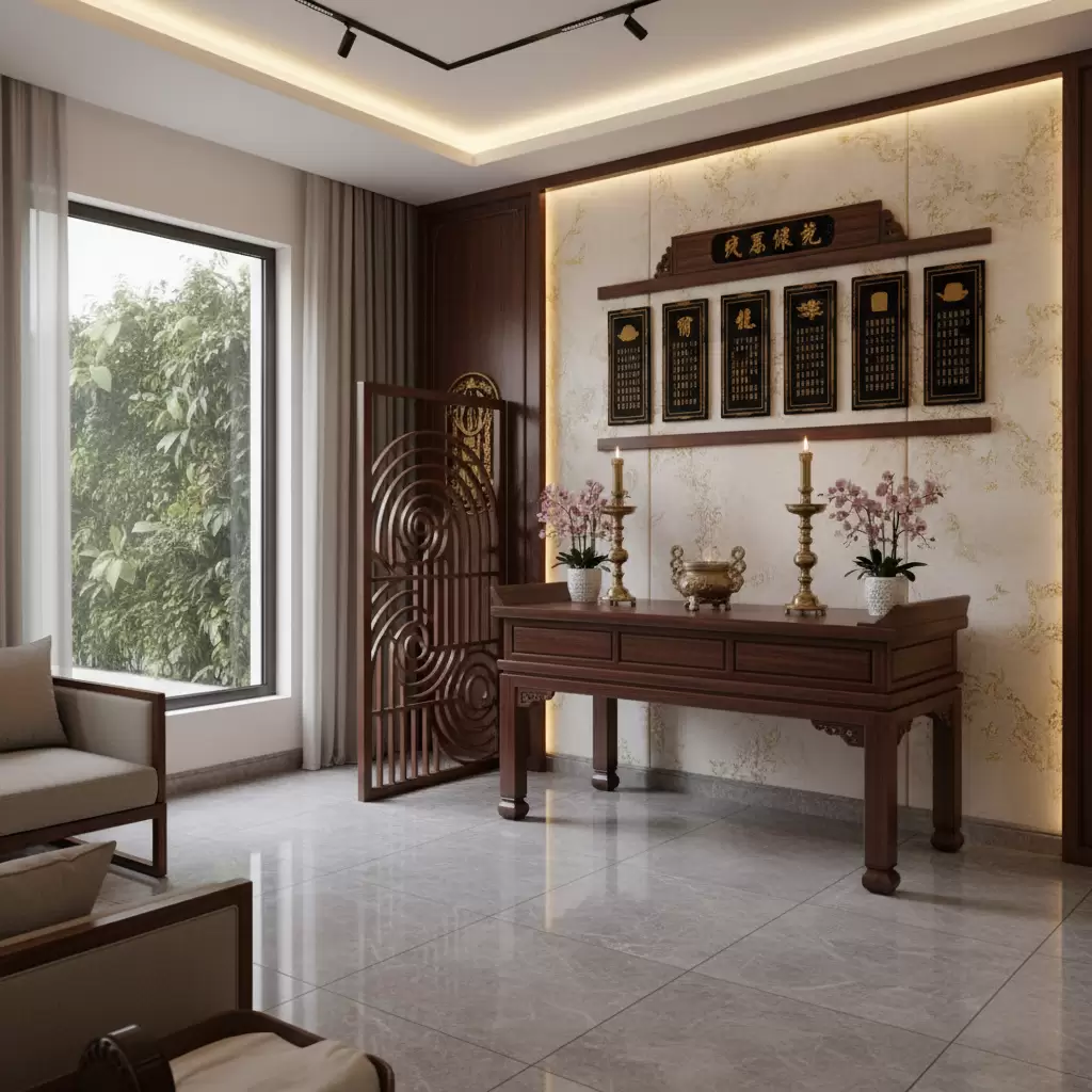 Không gian thờ tự trang nghiêm và ấm cúng trong ngôi nhà phố hiện đại