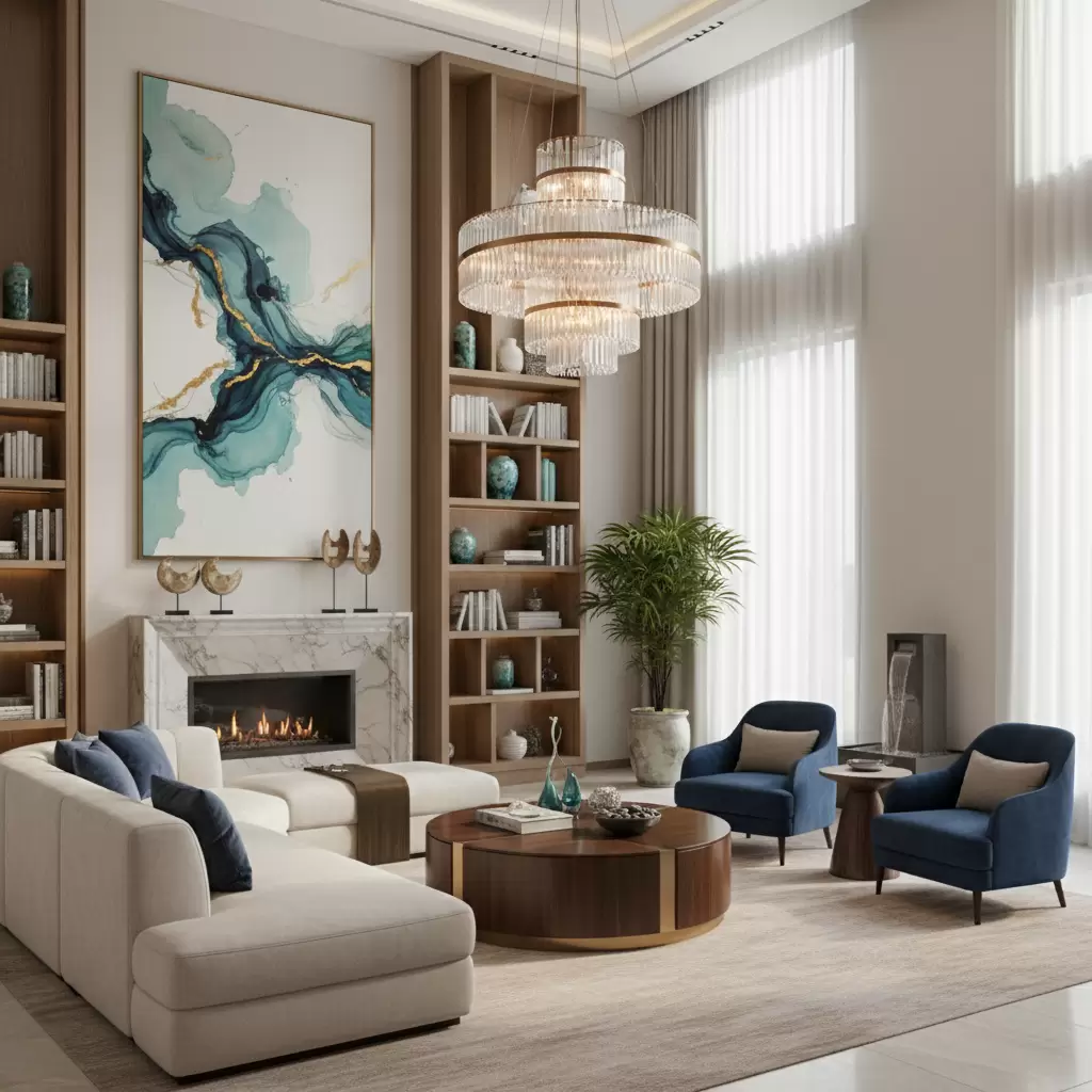 Không gian phòng khách được bố trí hài hòa theo nguyên tắc phong thủy ngũ hành