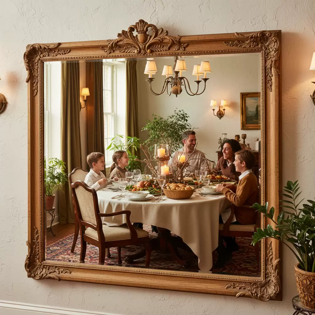 gemini_image_1768393834 Gương đặt tại phòng ăn giúp nhân đôi sự sung túc và thực phẩm dồi dào