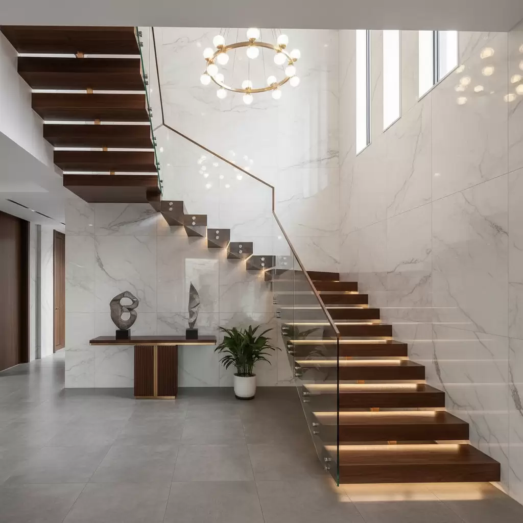 gemini_image_1768394057 Cầu thang đóng vai trò là xương sống kết nối các không gian và dẫn khí cho ngôi nhà