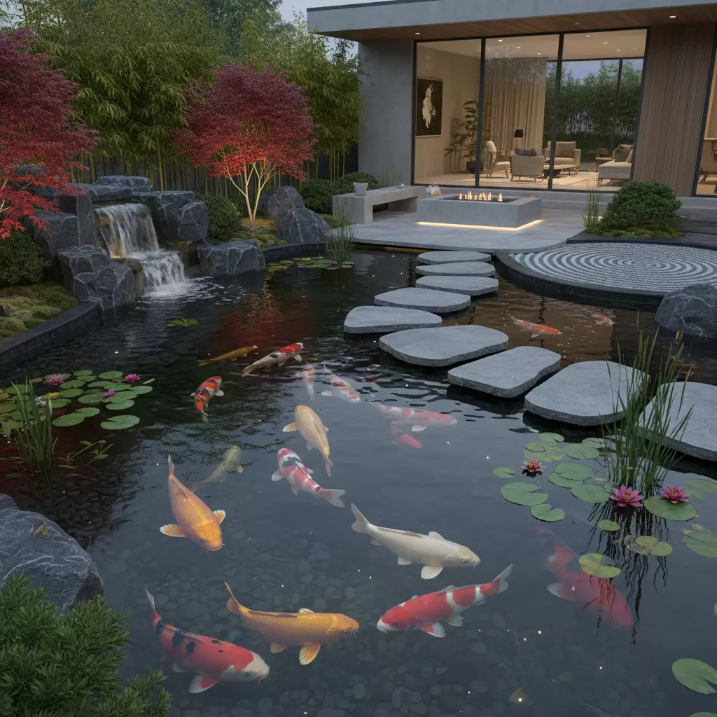 Hồ cá Koi kết hợp thác nước tạo không gian sân vườn đẳng cấp và chuẩn phong thủy