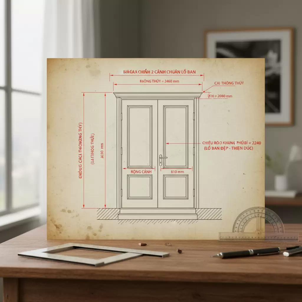 Bản vẽ minh họa kích thước cửa chính 2 cánh theo chuẩn phong thủy