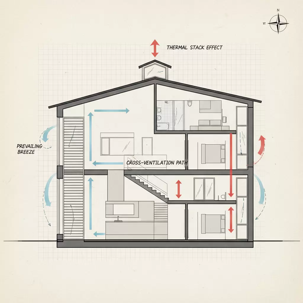 Sơ đồ nguyên lý thông gió xuyên phòng giúp không khí lưu thông liên tục giữa các khu vực