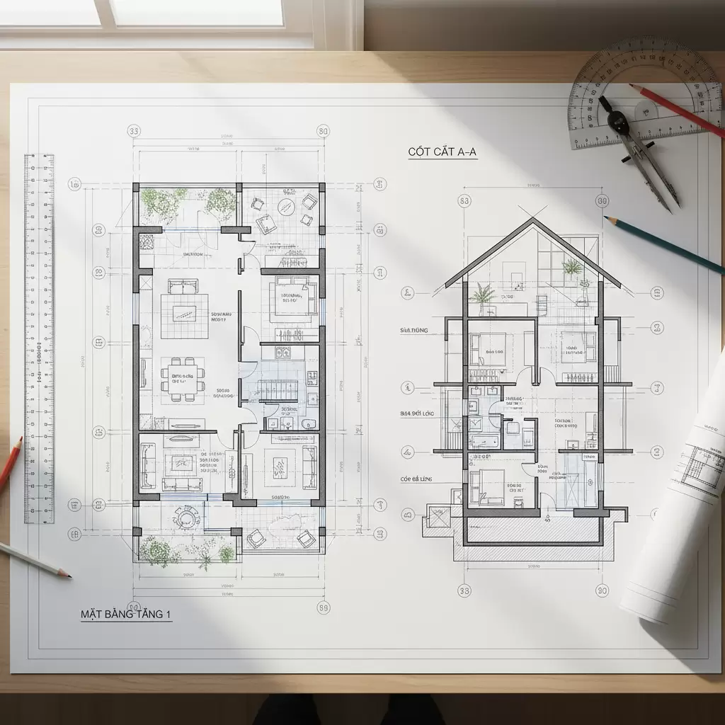 Sự kết hợp giữa mặt bằng và mặt cắt giúp người xem hình dung rõ nét cấu trúc không gian