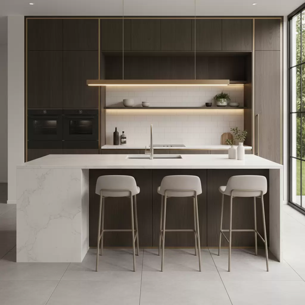 Không gian bếp hiện đại sử dụng mặt đá nhân tạo sang trọng và tinh tế