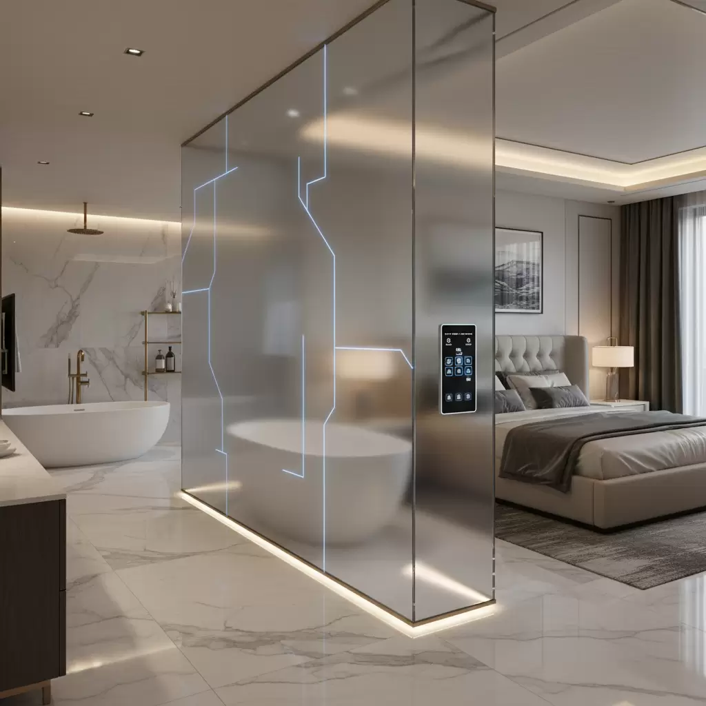 Ứng dụng kính điện thông minh trong thiết kế phòng tắm hiện đại giúp tối ưu diện tích