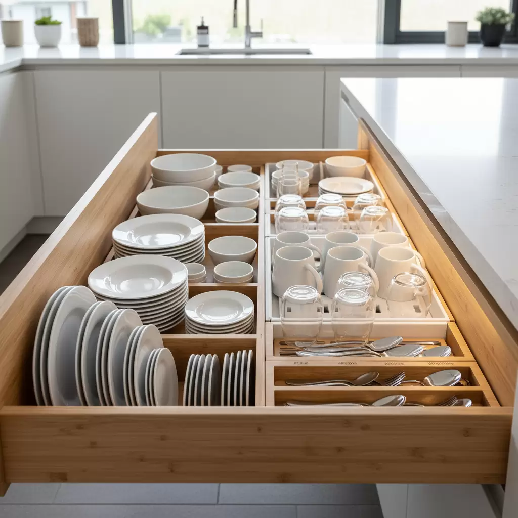 Sự ngăn nắp và khoa học mang lại từ hệ thống phụ kiện tủ bếp thông minh