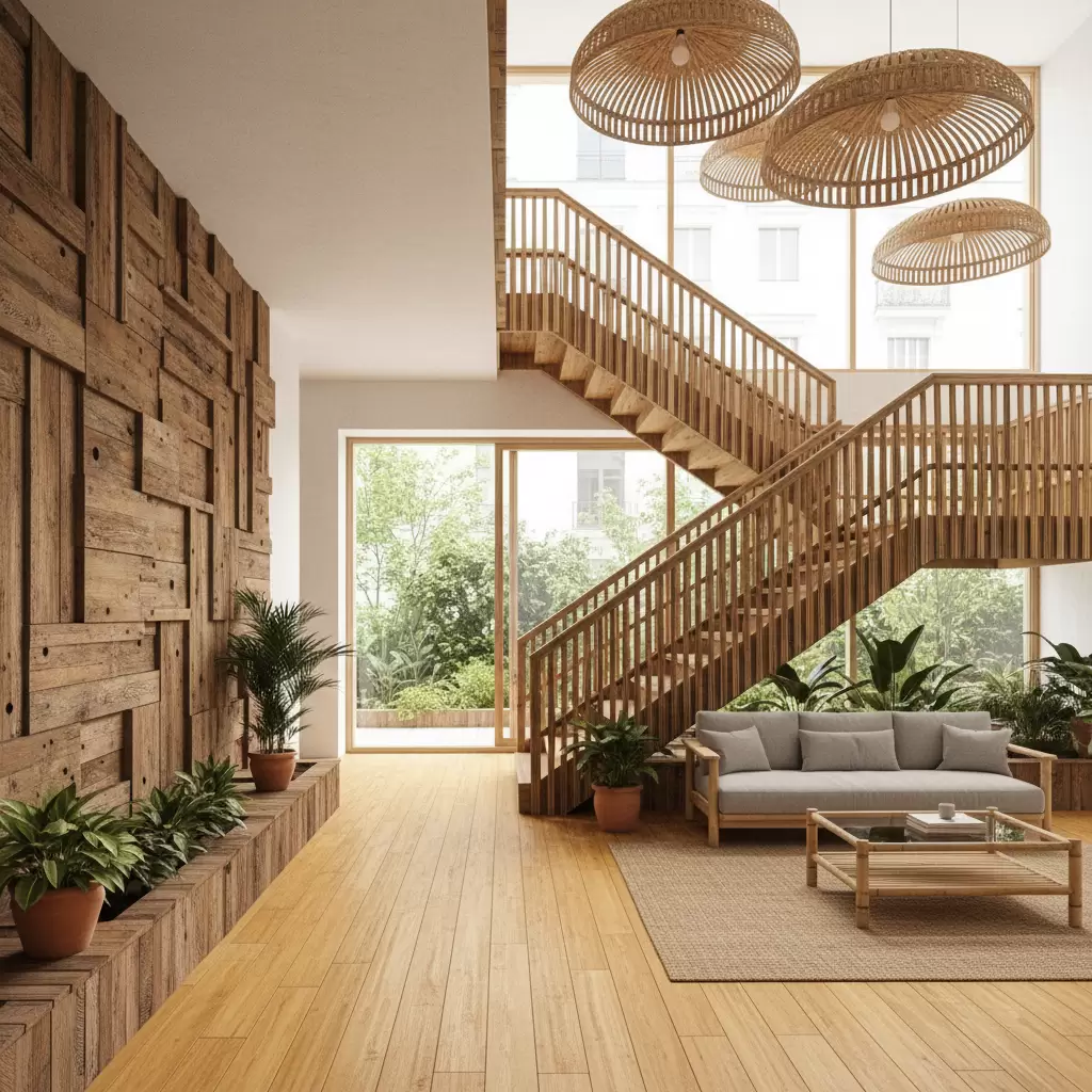 Các loại vật liệu tự nhiên như tre và gỗ tái chế được ứng dụng tinh tế trong thi công