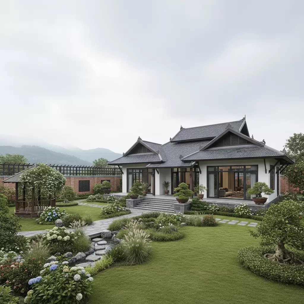 Sự kết hợp tinh tế giữa mái ngói truyền thống và phong cách kiến trúc hiện đại